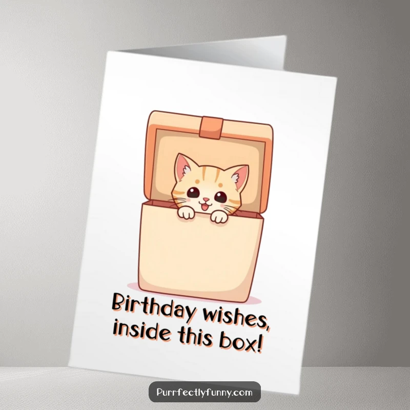 Funny free printable birthday card featuring an excited cat bursting from a giant gift box, ready to celebrate.