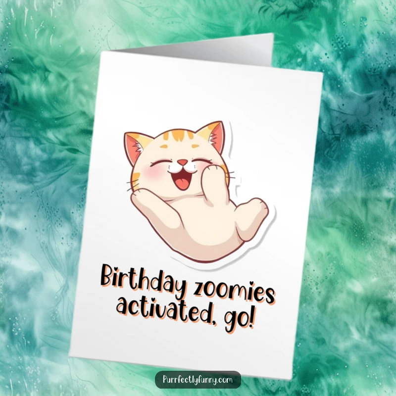 Funny Free Printable Birthday Card: A cat tumbles head over heels, expressing absolute joy and delight.