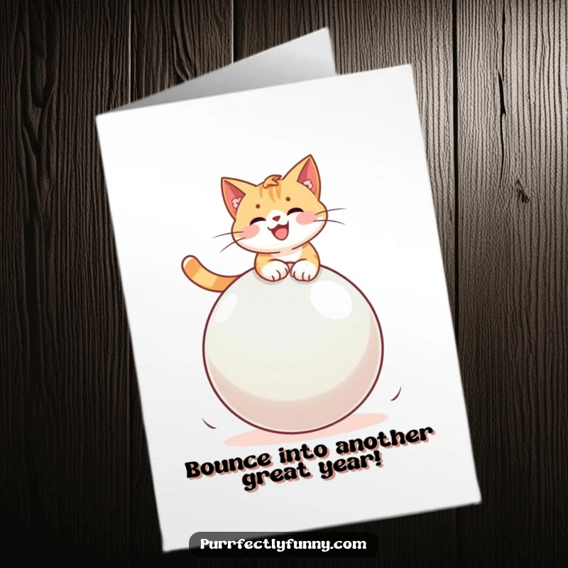 Funny free printable birthday card of a cat gleefully bouncing on a giant ball, pure chaotic joy.