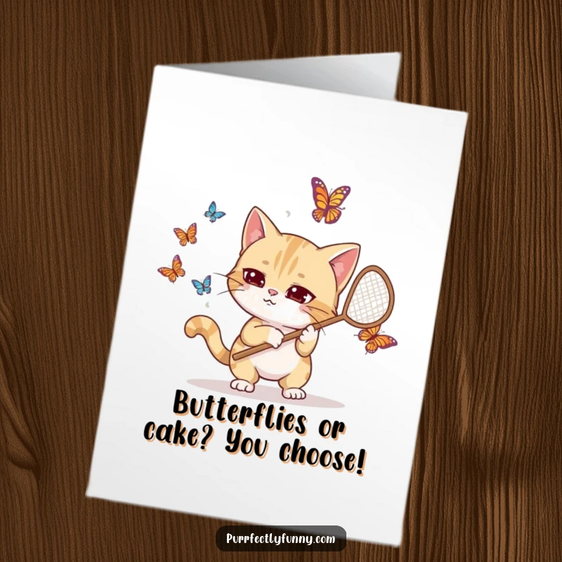 Funny Free Printable Birthday Card: Goofy cat with net determinedly chasing butterflies, ready for a laugh.