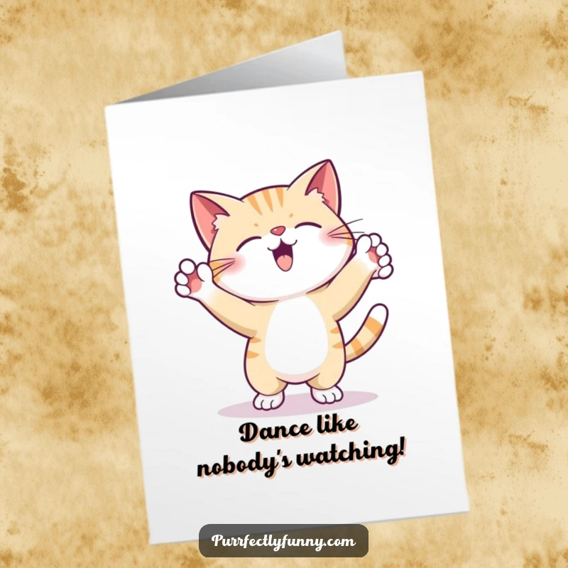 Funny free printable birthday card featuring a cat joyfully dancing with paws up in the air, ready to party.