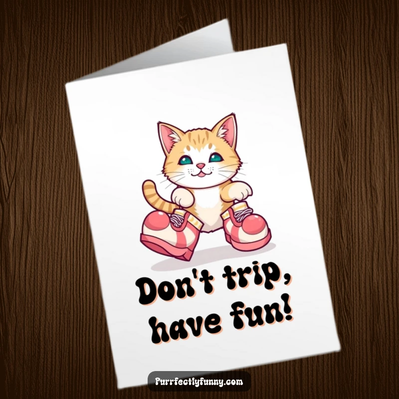 Funny free printable birthday card of a cat adorably tripping while wearing huge, floppy clown shoes. Oops!
