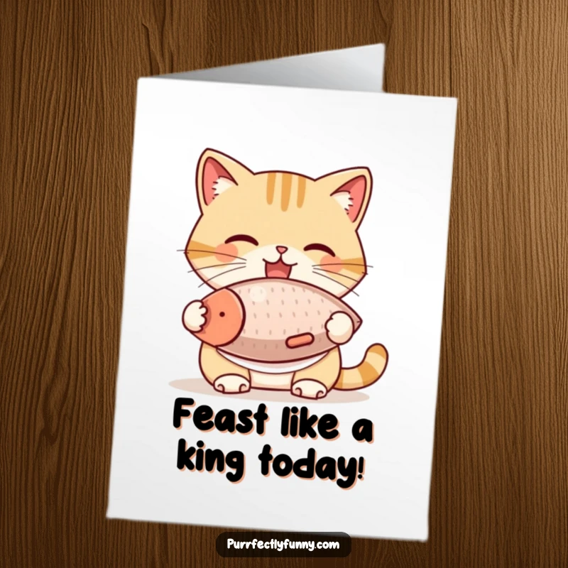 Funny Free Printable Birthday Card: A cat in a bib joyfully eats a huge fish treat, perfect for a giggle.