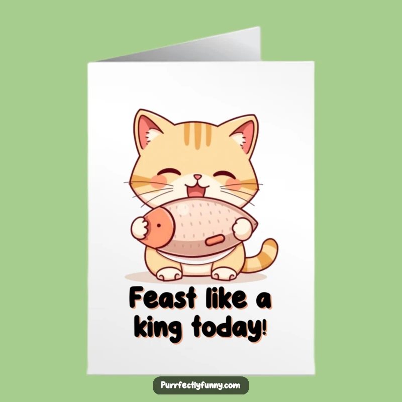 Free Printable Birthday Card: Funny Cat Eating Fish, Hilarious Downloadable Greeting