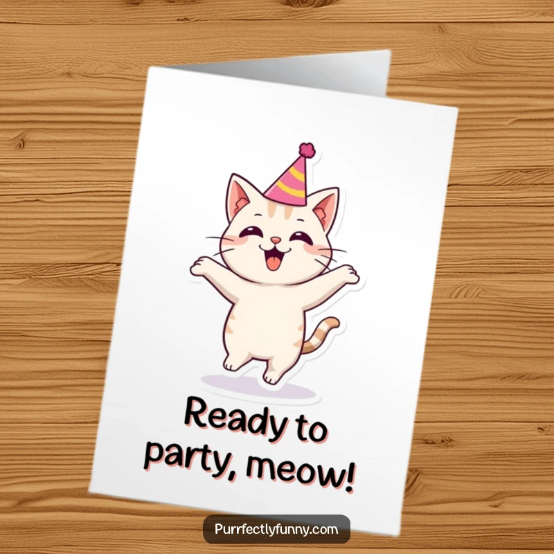 Funny Free Printable Birthday Card: A cat wearing a tiny party hat, bouncing with pure excitement for a birthday.