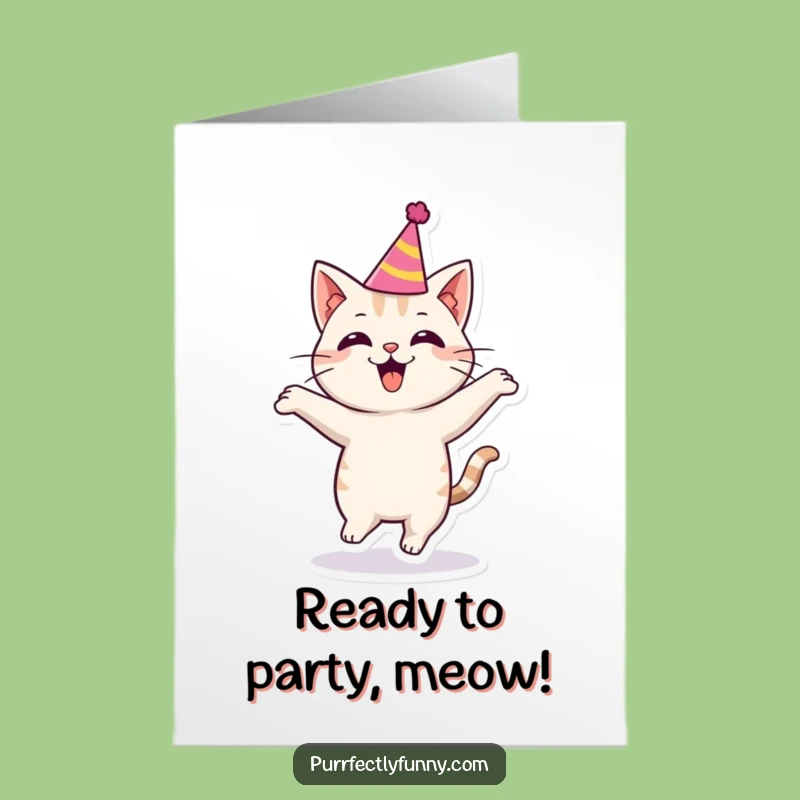 Free Printable Birthday Card: Bouncing Cat Party Hat, Humorous Downloadable & Print at Home