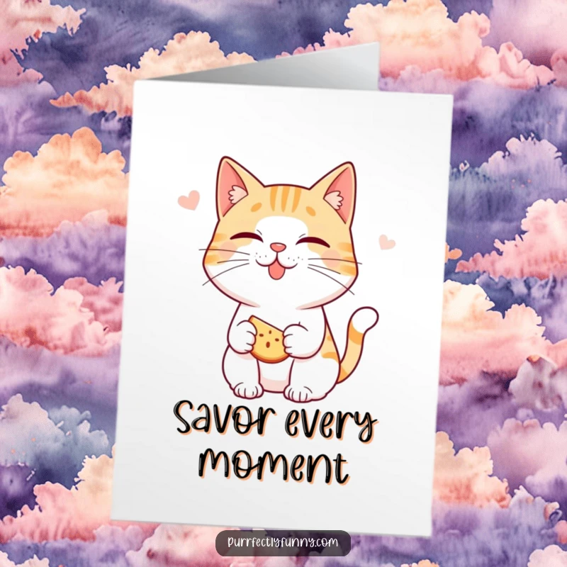 Funny Free Printable Birthday Card: Cat character playfully smacks lips, eagerly anticipating a tasty snack.