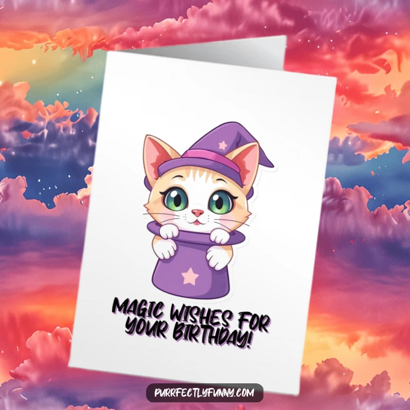 Funny Free Printable Birthday Card: Cat with wide, curious eyes peering intently into a mysterious magic hat.