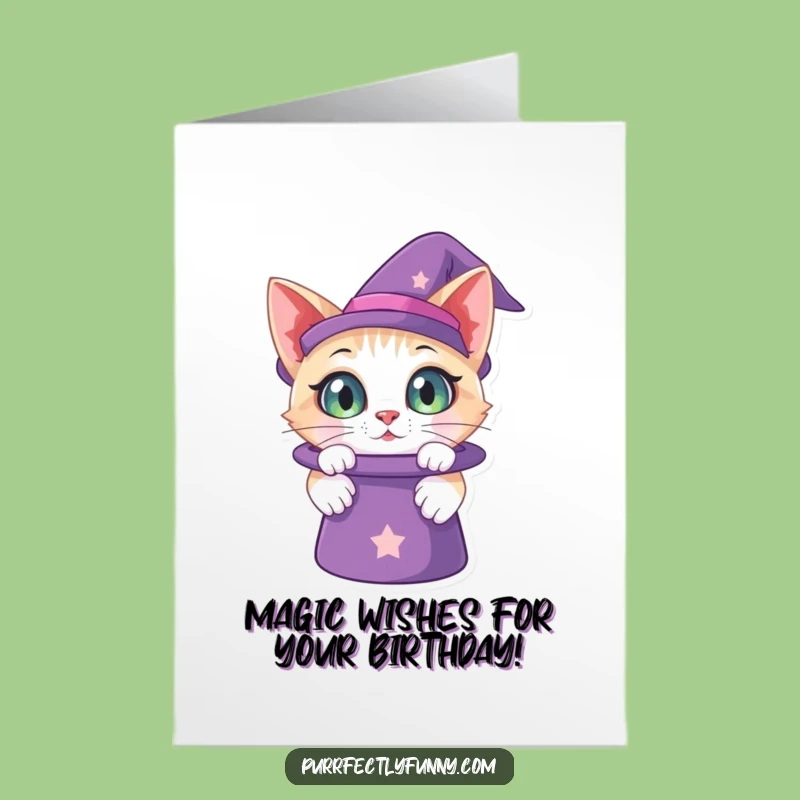 Free Printable Birthday Card: Curious Cat Magic Hat, Funny Downloadable Gift