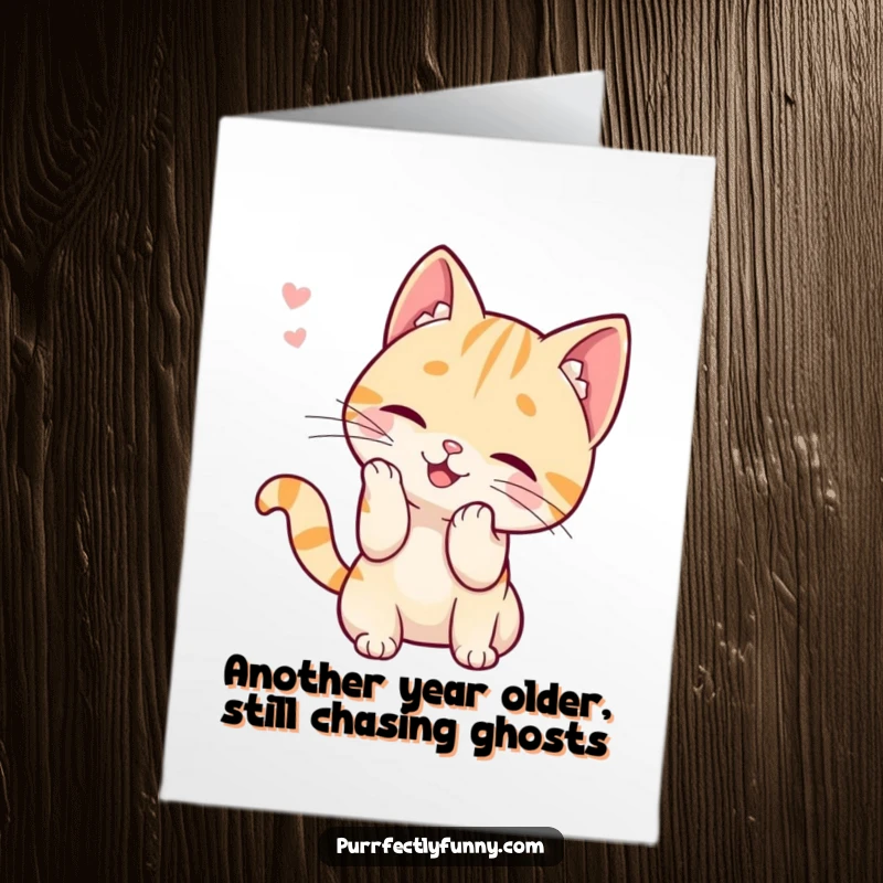 Funny Free Printable Birthday Card featuring a playful cat character batting at a single floating whisker with a mischievous grin.