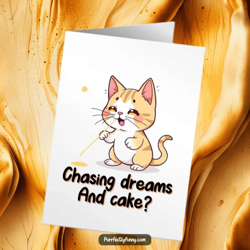 Funny Free Printable Birthday Card: Energetic cat leaping for a red laser dot, a comical chase for a downloadable birthday wish.