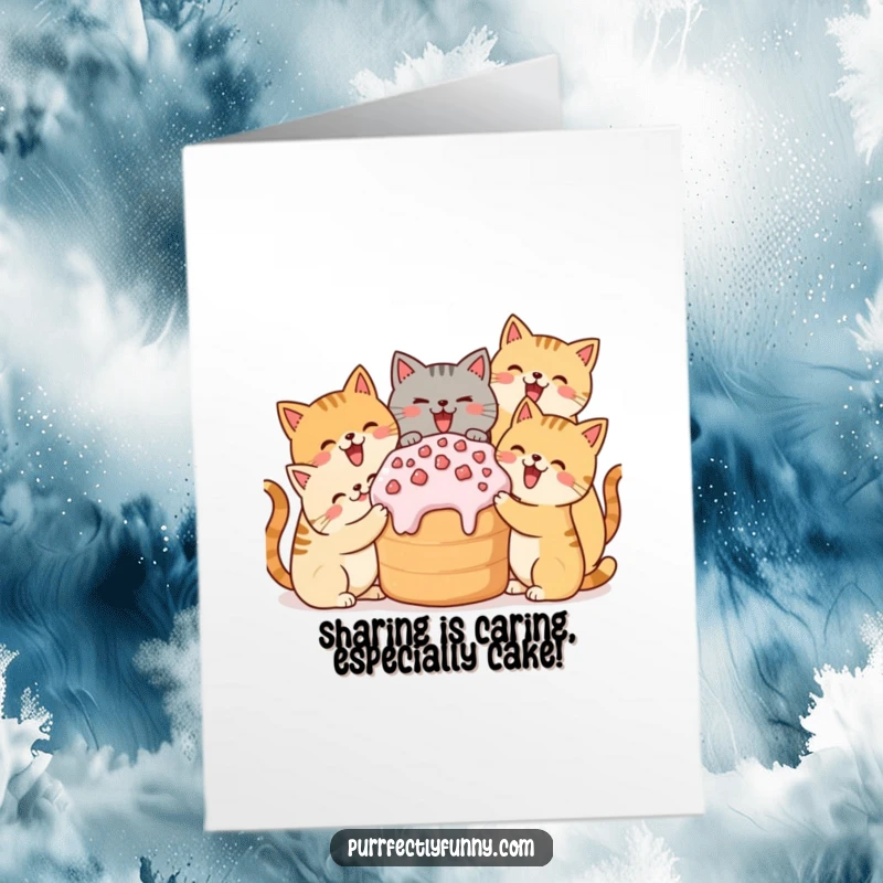 Funny Free Printable Birthday Card: Group of happy cats sharing a giant treat, celebrating with joy.