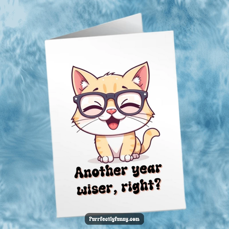 Funny Free Printable Birthday Card: Cat wearing huge silly glasses, giggling uncontrollably, perfect for a hilarious celebration.