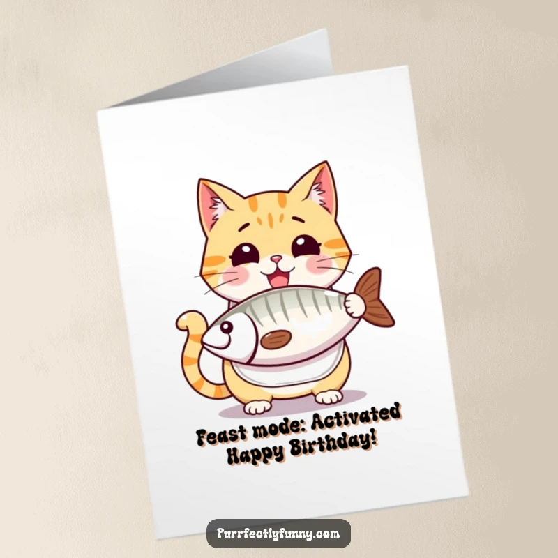Funny Free Printable Birthday Card: Excited cat in a bib stares at a giant fish, anticipating a feast, a downloadable birthday wish.