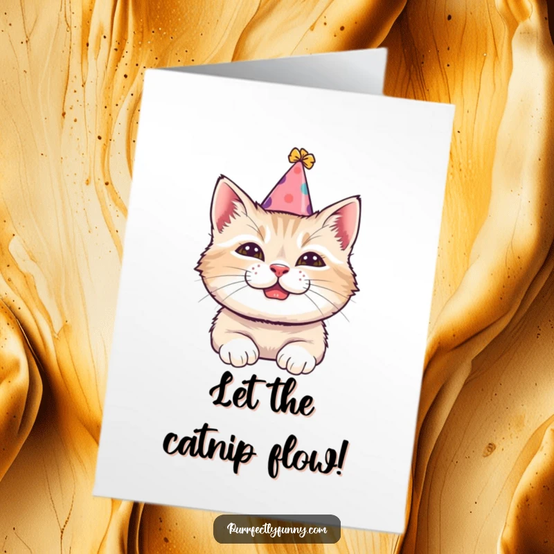 Funny Free Printable Birthday Card: A cat sports a tiny, tilted party hat with a wide, comical grin, ready to party hard.