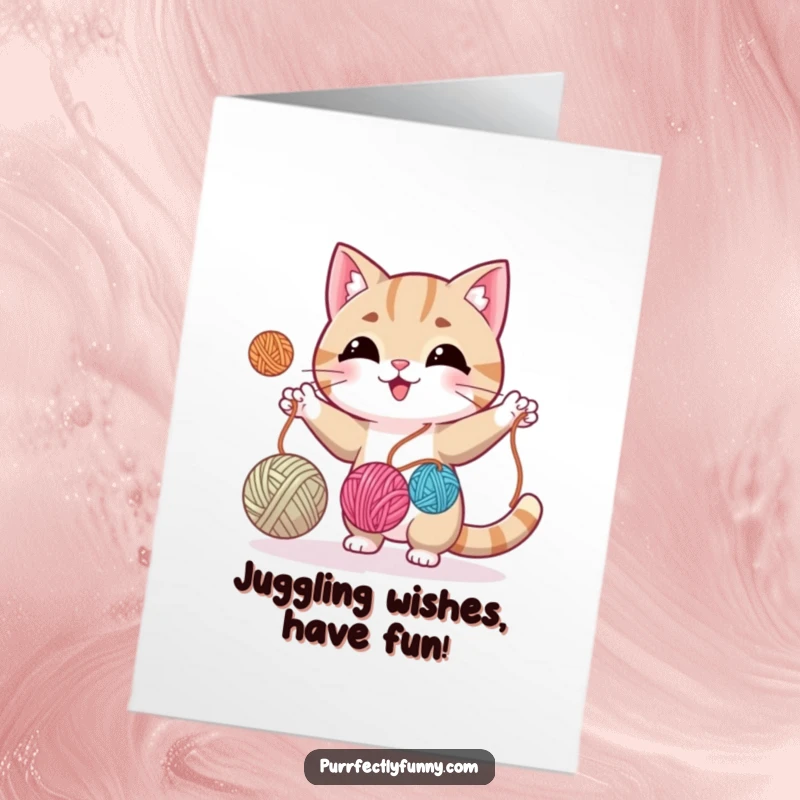 Funny Free Printable Birthday Card: A cat skillfully juggling three colorful yarn balls amidst a festive backdrop.