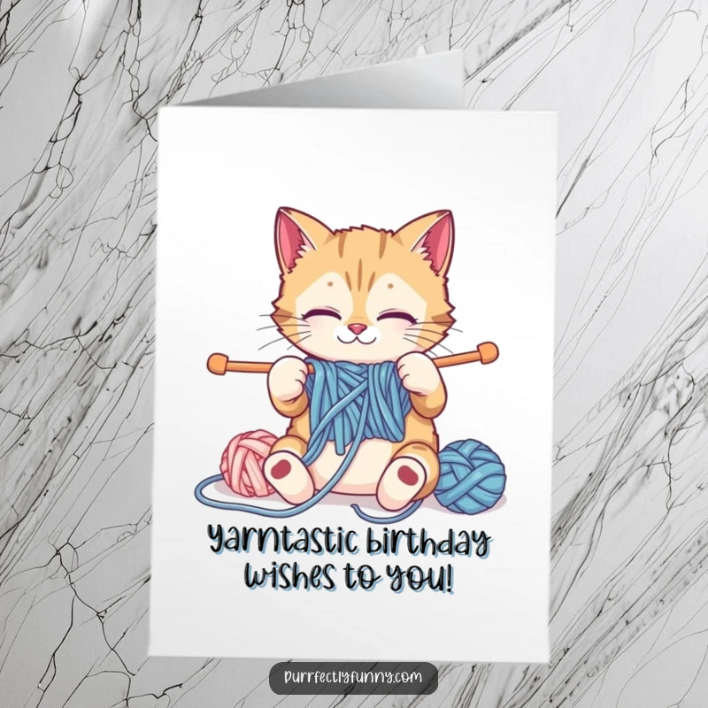 Funny Free Printable Birthday Card: a determined cat struggles to knit with comically large yarn and needles.