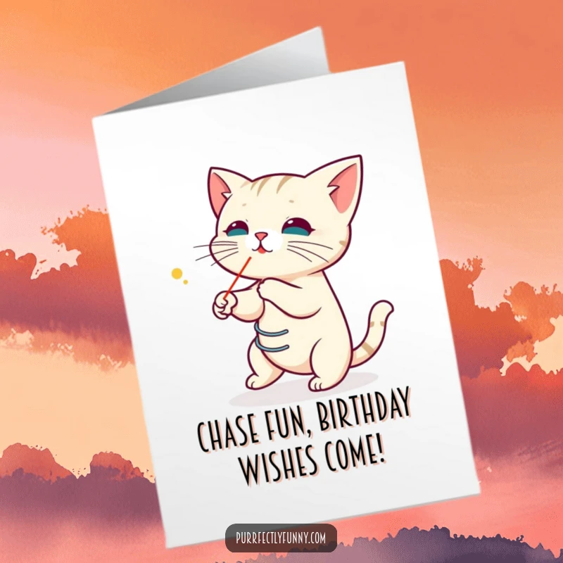 Funny Free Printable Birthday Card: A cat, a coiled spring of energy, playfully chases a red laser pointer dot with intense focus.