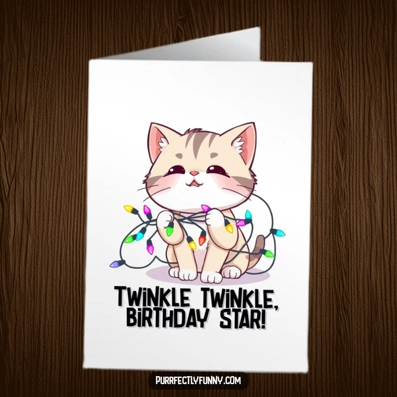 Funny Free Printable Birthday Card: Cat playfully tangled in colorful string lights, looking amused and festive.
