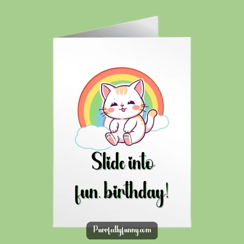 Free Printable Birthday Card: Rainbow Sliding Cat, Humorous Downloadable & Print at Home
