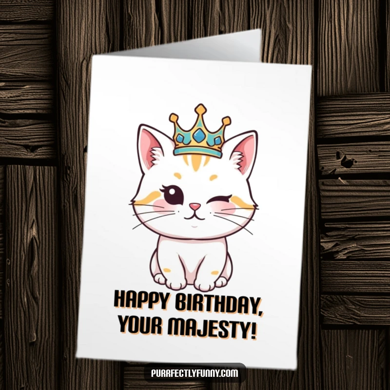 Funny Free Printable Birthday Card: A cat wearing a golden crown, winking playfully, exuding royal charm and humor.
