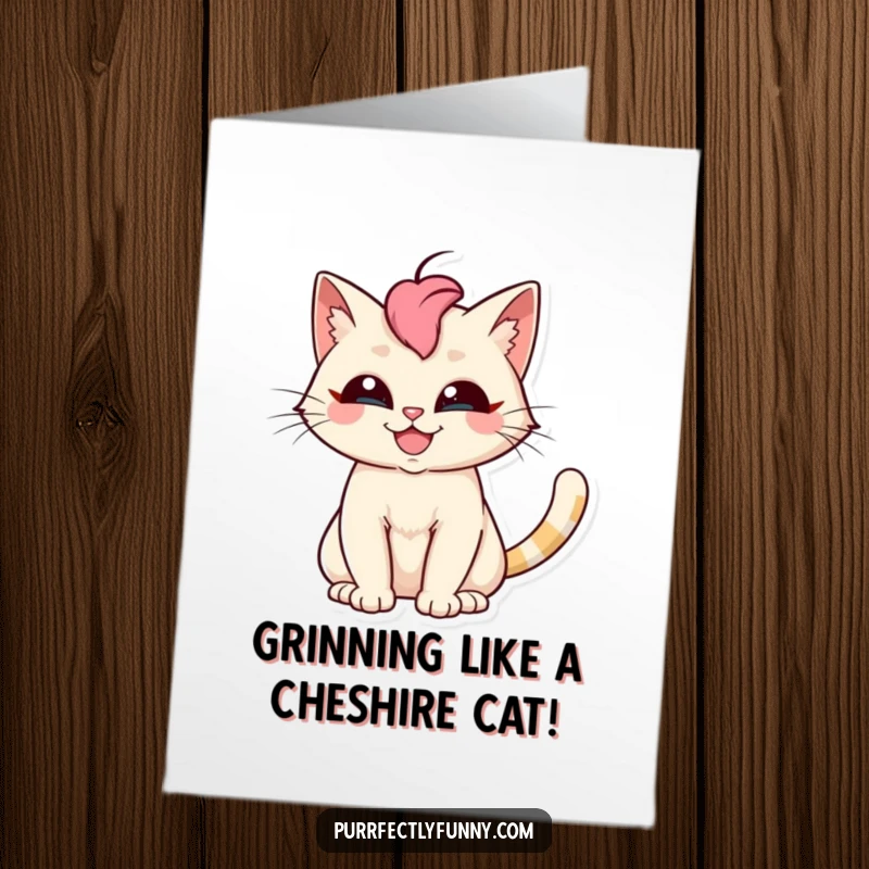 Funny Free Printable Birthday Card: Cat with a huge silly grin and tail fanning out in pure joy.