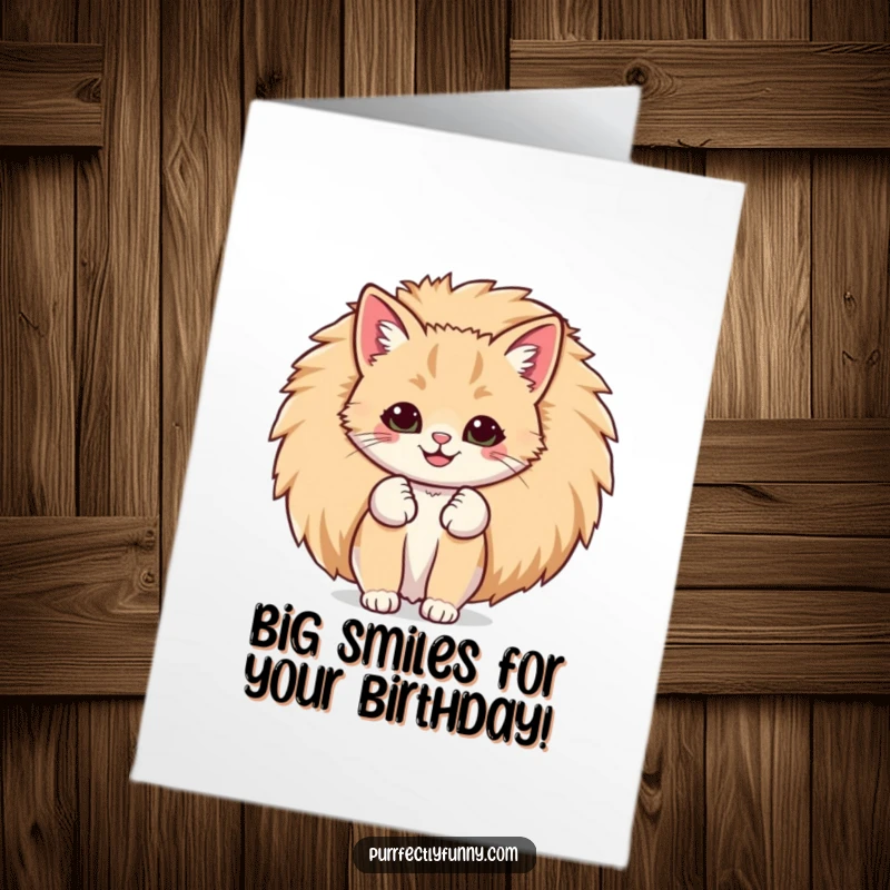 Funny Free Printable Birthday Card: A cat with a comically large smile peeking from behind its giant, fluffy tail, perfect for birthdays.