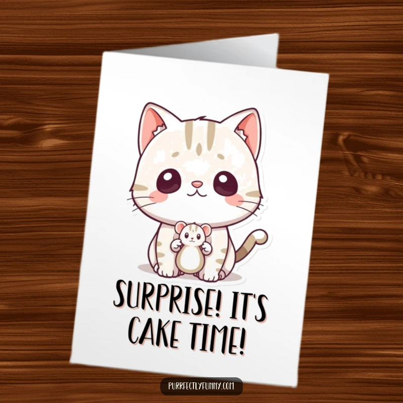 Funny Free Printable Birthday Card: Cat with wide eyes and open mouth, surprised by a tiny mouse toy popping out.