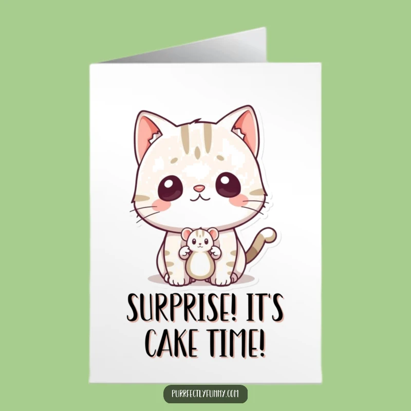 Free Printable Birthday Card: Surprised Cat startled by Mouse Toy, Funny Downloadable Gift