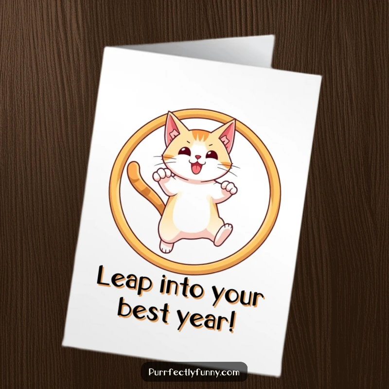 Funny free printable birthday card of a cat majestically leaping through a hoop with a proud, triumphant look.