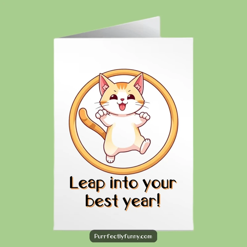 Free Printable Birthday Card: Triumphant Cat Hoop Jump Funny Downloadable
