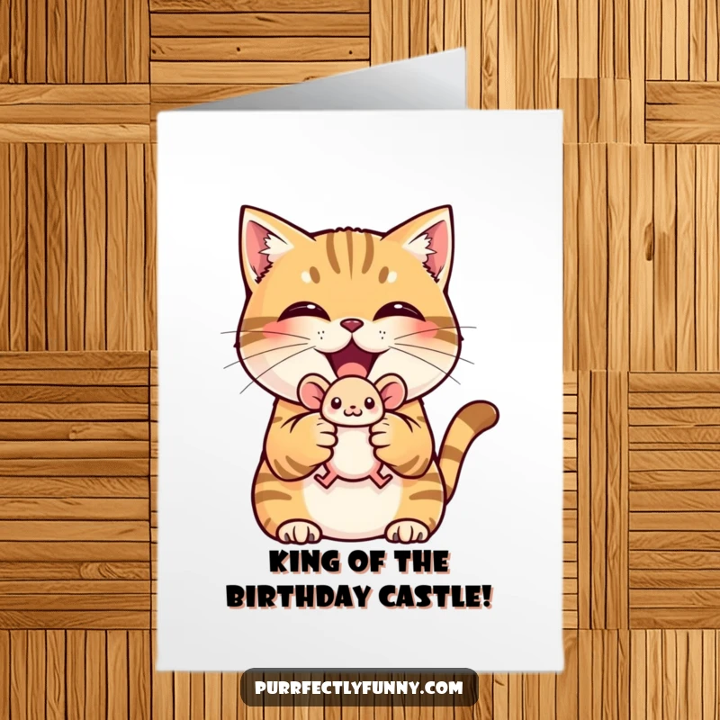 Funny Free Printable Birthday Card: A cat with a huge grin holds up a tiny toy mouse triumphantly.