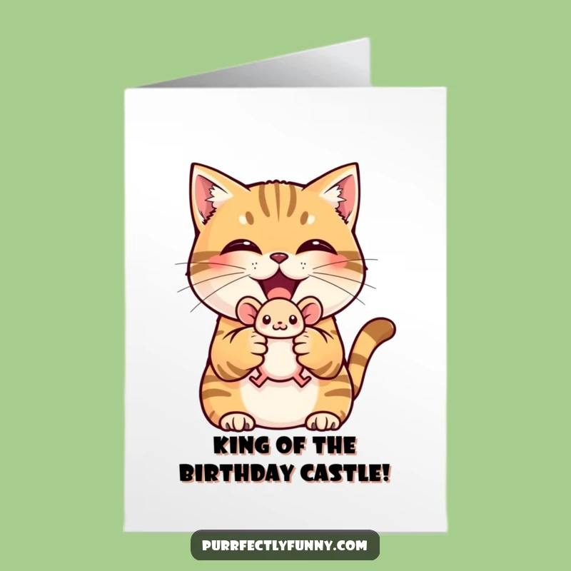 Free Printable Birthday Card: Triumphant Cat with Mouse, Perfect Downloadable Gift!