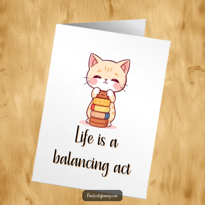 Funny Free Printable Birthday Card: A cat clumsily balancing wobbly items, showing off its precarious birthday cheer.