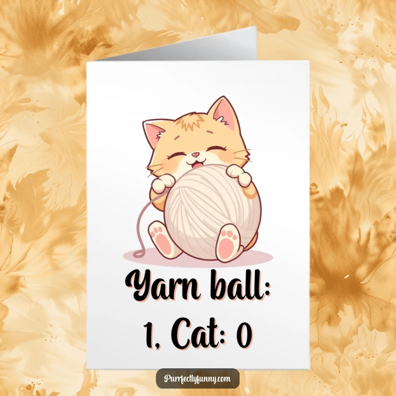 Funny Free Printable Birthday Card: Energetic cat gleefully attacks a giant yarn ball, paws flying in a comical display.