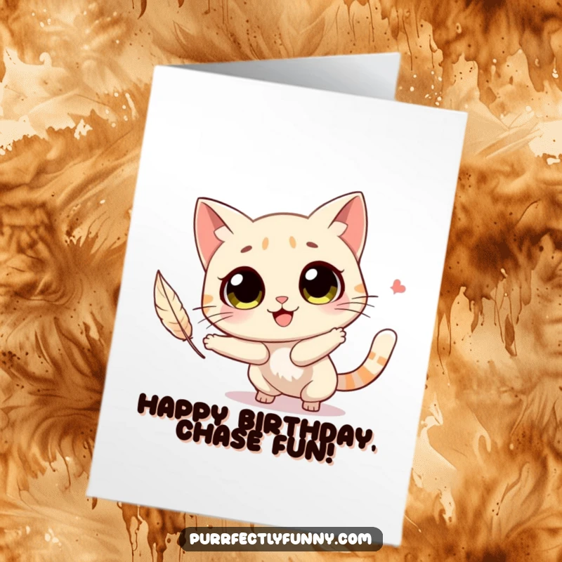 Funny Free Printable Birthday Card featuring a cat character with big round eyes, joyfully chasing a floating feather.