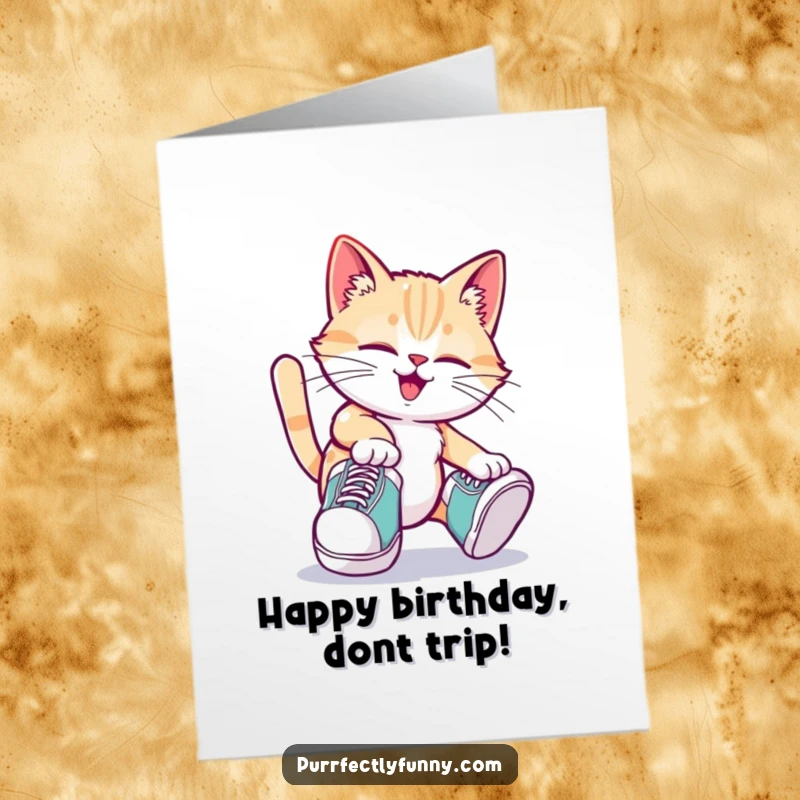 Funny Free Printable Birthday Card: a cat wearing oversized shoes trips playfully, exuding pure silliness.