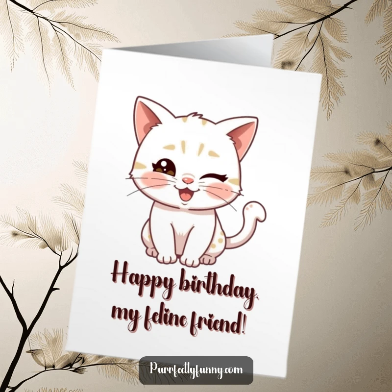 Funny Free Printable Birthday Card: A playful cat gives a knowing wink with its tail wagging, celebrating a birthday.