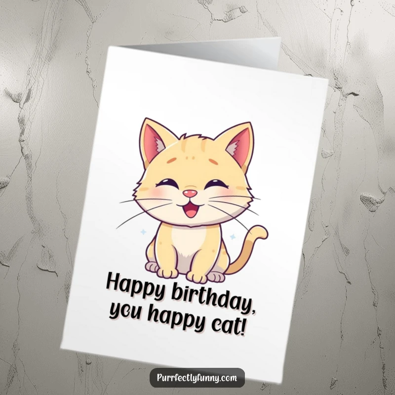 Funny Free Printable Birthday Card shows a delighted cat whose whiskers are playfully curled into cheerful, happy spirals.