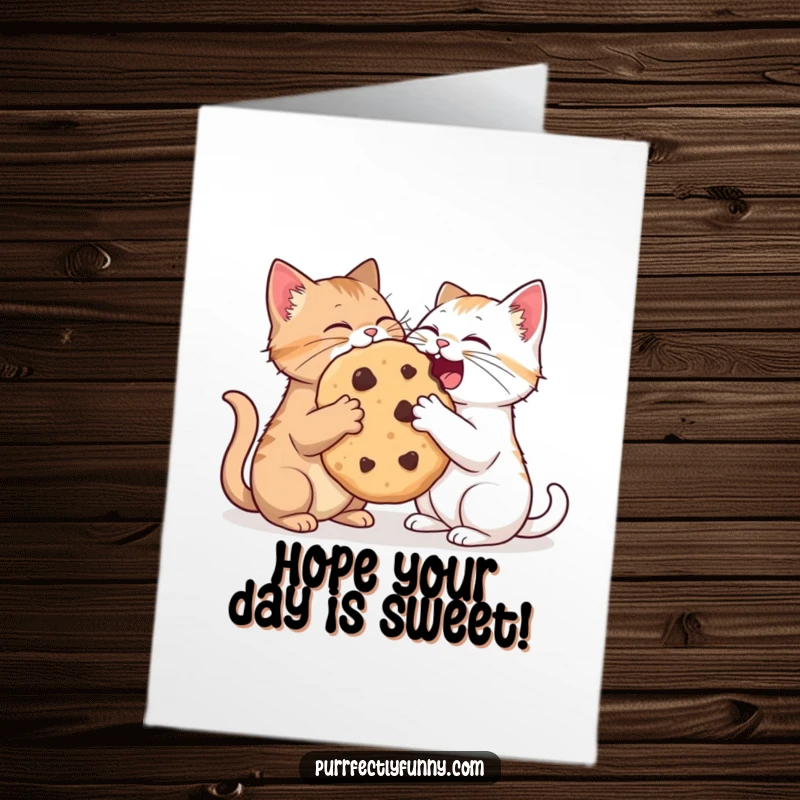 Funny free printable birthday card showing two cats happily devouring a comically large cookie together. Sweet sharing!