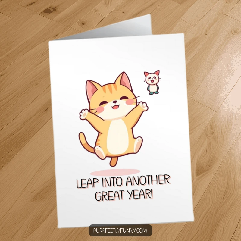 Funny Free Printable Birthday Card: A simplified cat leaping joyfully with outstretched paws towards a floating toy, perfect for cat lovers.