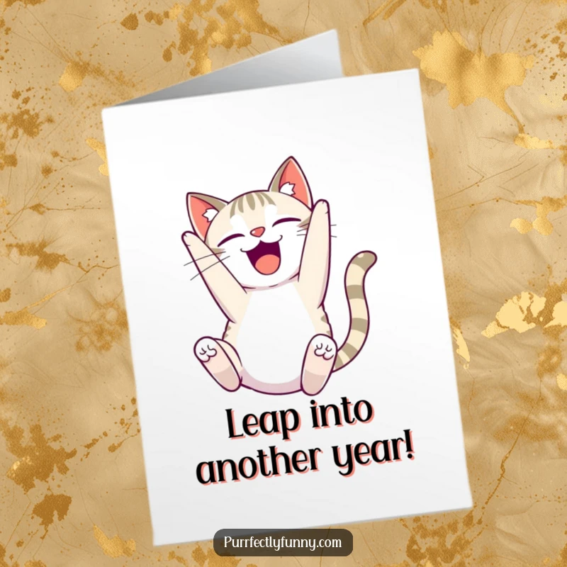 Funny Free Printable Birthday Card: A cat performing a high-flying somersault with eyes closed in delight.