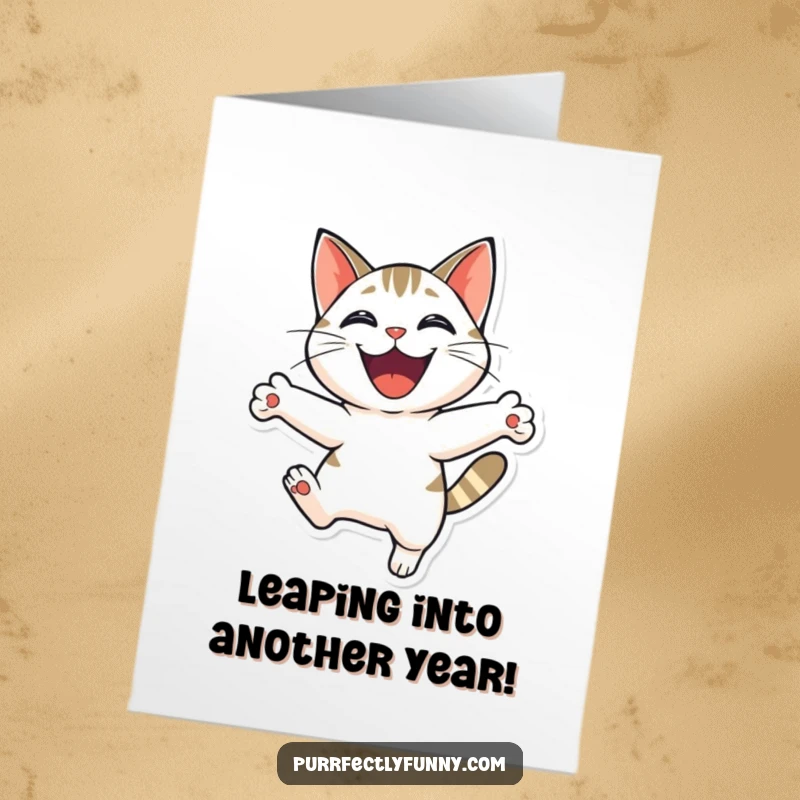 Funny Free Printable Birthday Card: A cat mid-air, leaping with a huge grin, celebrating joyfully.