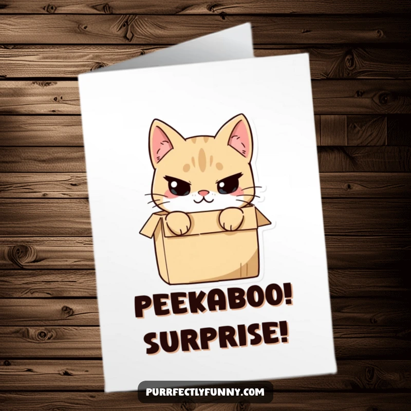 Funny Free Printable Birthday Card: A cat character peeks slyly from a box with a mischievous smirk, plotting birthday fun.