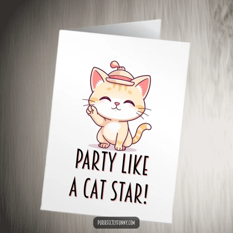 Funny Free Printable Birthday Card: A cat wearing a small, stylish hat and striking a confident, elegant pose.