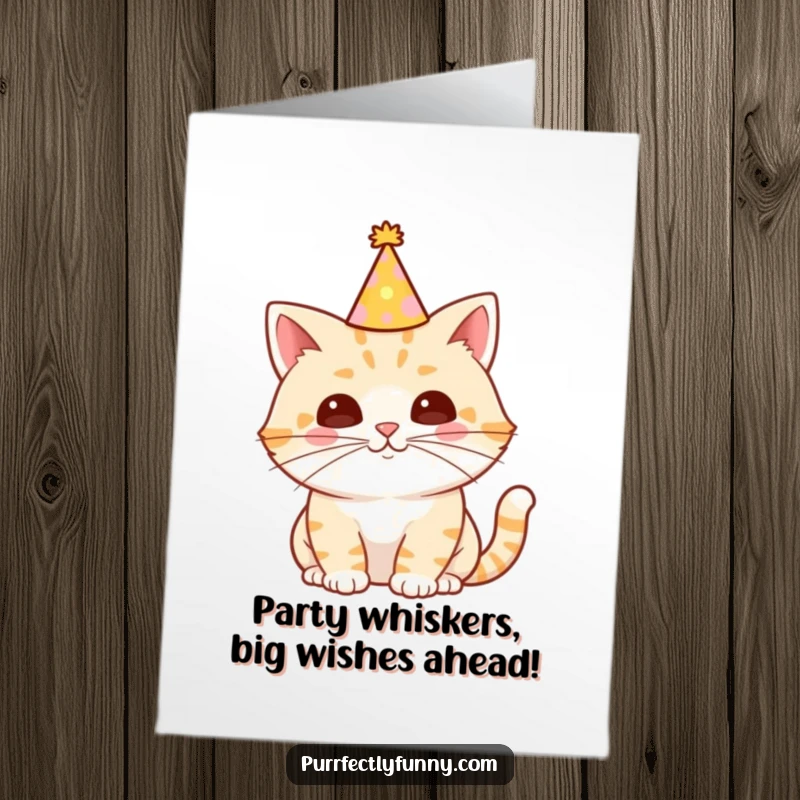 Funny Free Printable birthday card: Cat wearing a tiny party hat with a comically long whisker, ready to party.