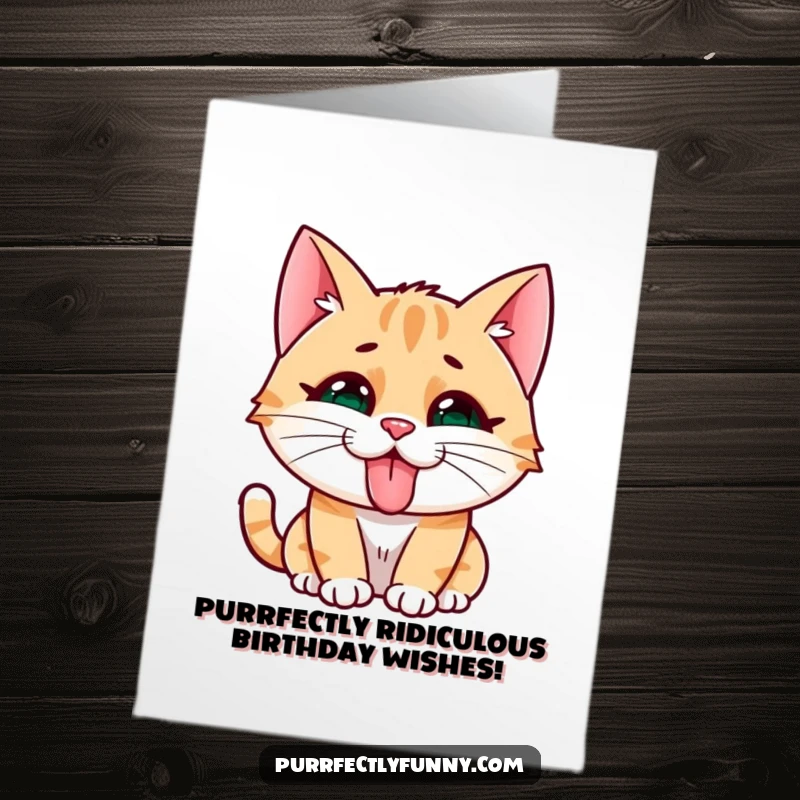 Funny Free Printable Birthday Card: A Cat Character Making a Silly Face with Its Tongue Sticking Out