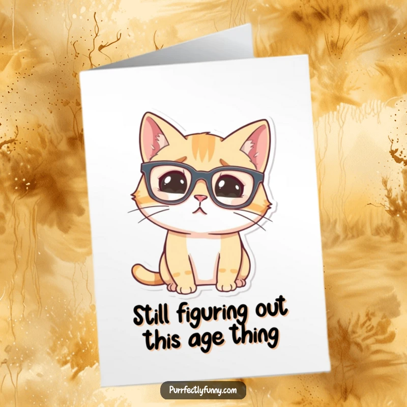 Funny Free Printable Birthday Card showing a cat with huge glasses looking utterly bewildered and confused.