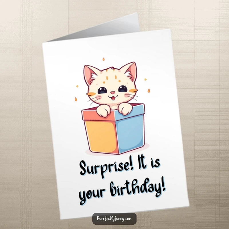 Funny Free Printable Birthday Card: A Cat Character Bursting Out of a Brightly Colored Gift Box