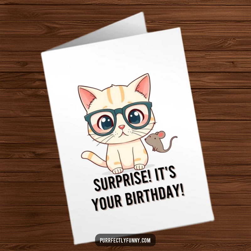 Funny free printable birthday card: a cat in big glasses stares in shock at a floating toy mouse.